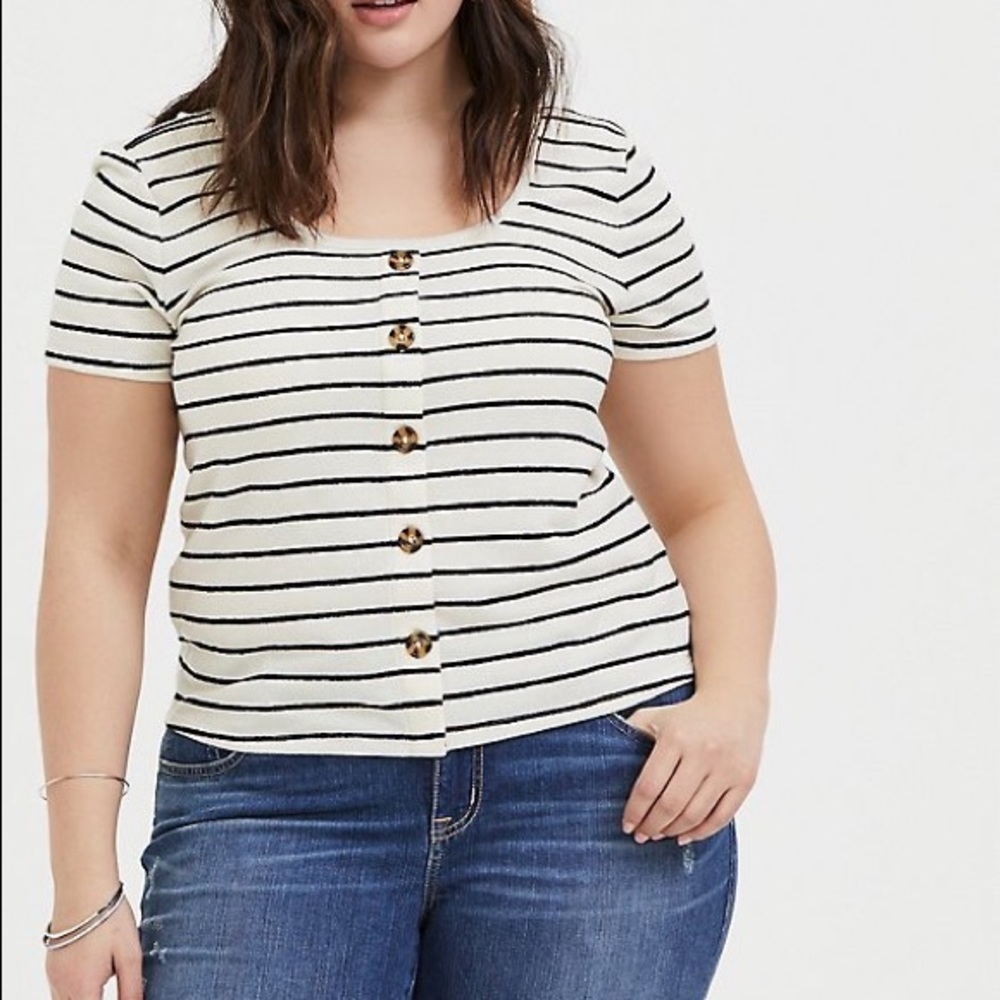 Ivory & Black Stripe Rib Button Midi Tee